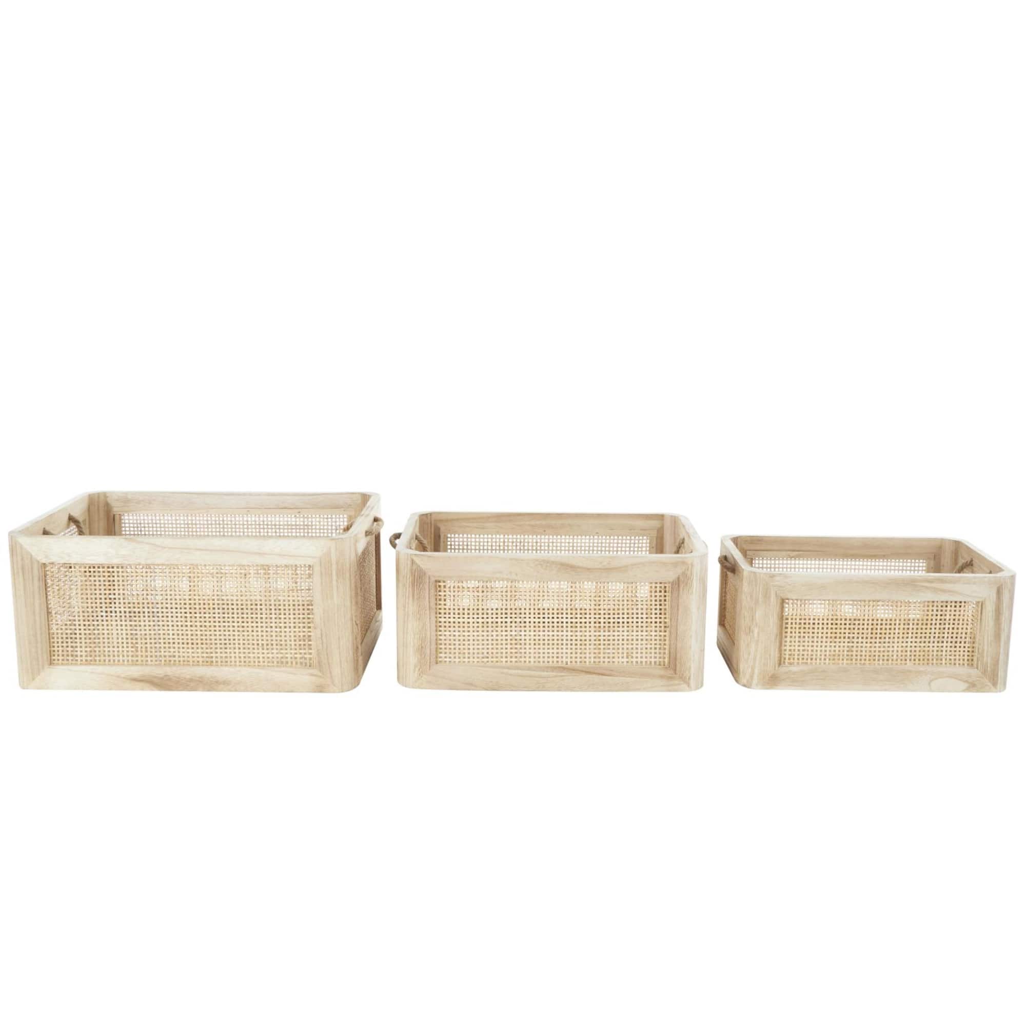 Light Brown Rattan Woven Basket with Rope Handles